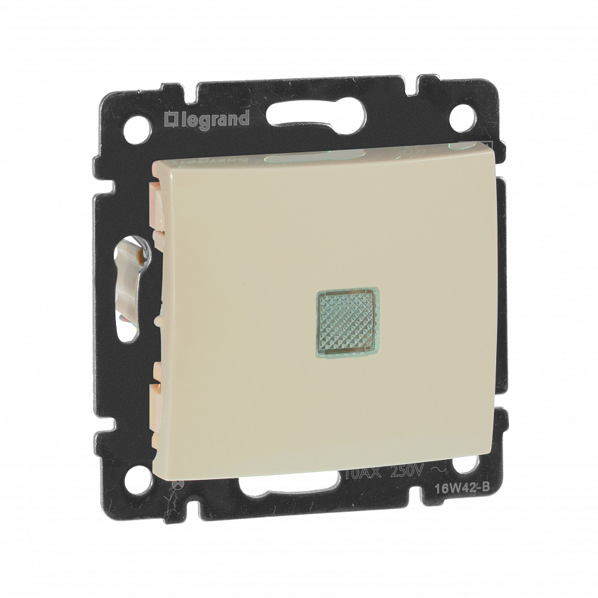 Переключатель проходной 1-кл. СП Valena 10А IP31 250В с зел. индикацией механизм сл. кость Leg 77432