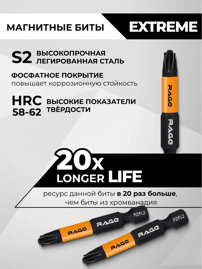 Биты магнитные S2 PZ/FL2, 50 мм, 1 шт rage by VIRA 554139