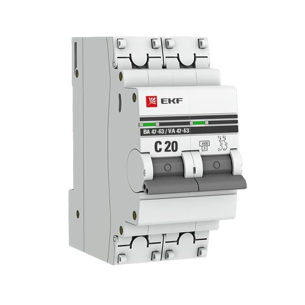 Выключатель автоматический 2п C 20А 4.5кА ВА 47-63N PROxima EKF M634220C