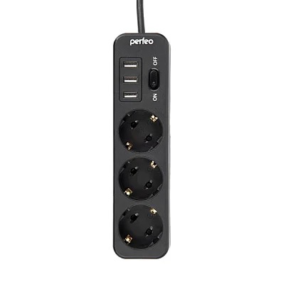 Сет фильтр Perfeo Power STREAM 3гн 4м 2500Вт двойная защита чёрный 3xUSB 2.4A