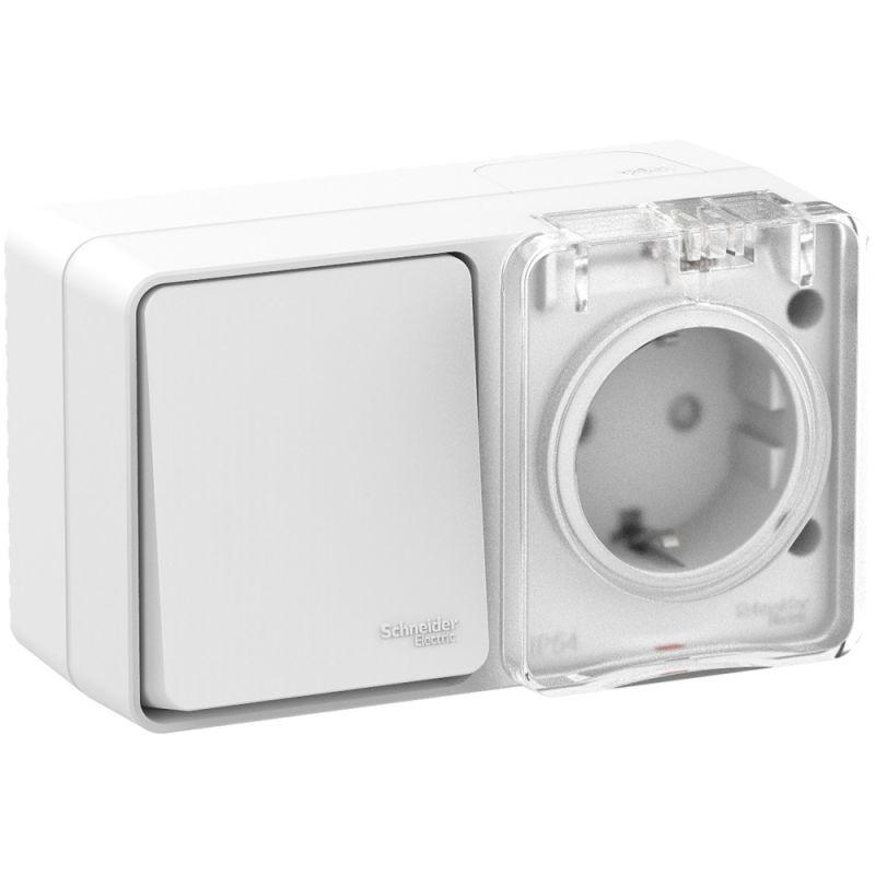 Блок ОП AtlasDesign Profi54 (розетка 16А 250В с заземл. защ. шторки + 1-кл. выкл. 10А) IP54 бел. SE